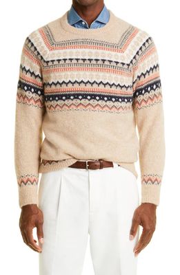 Brunello Cucinelli Fair Isle Alpaca Blend Crewneck Sweater in Cmc45-Light Brown