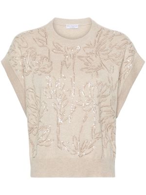 Brunello Cucinelli feather-sequinned knit vest - Neutrals