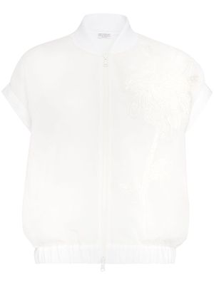 Brunello Cucinelli floral-applique short-sleeve bomber jacket - White