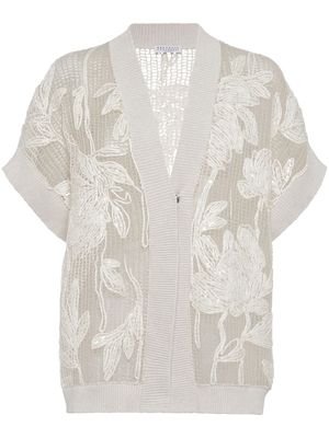 Brunello Cucinelli floral-embroidered V-neck cardigan - Neutrals