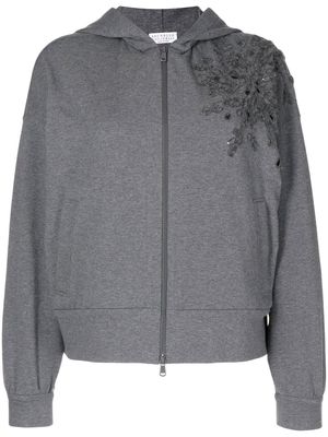 Brunello Cucinelli floral-embroidery zip-up hoodie - Grey