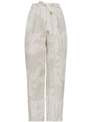 Brunello Cucinelli floral-jacquard linen tapered trousers - Neutrals