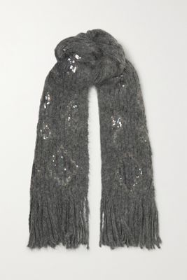 Brunello Cucinelli - Fringed Sequin-embellished Mohair-blend Scarf - Gray