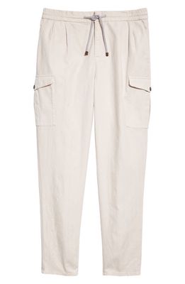 Brunello Cucinelli Garment Dyed Herringbone Stretch Linen & Cotton Cargo Pants in C6260 Marble