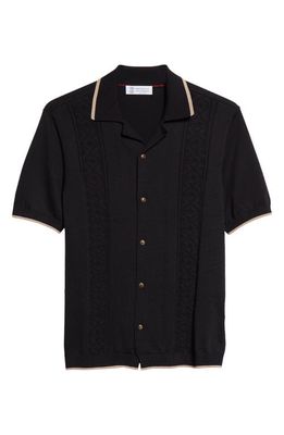 Brunello Cucinelli Geometric Jacquard Short Sleeve Cotton Knit Shirt in Cnh72 Black