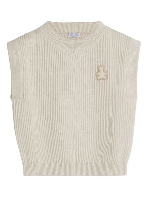 Brunello Cucinelli Kids Bernie-appliqué cotton knitted top - Neutrals