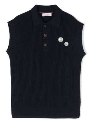 Brunello Cucinelli Kids classic-collar ribbed-knit vest - Blue
