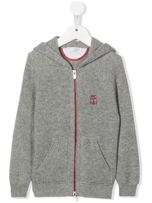 Brunello Cucinelli Kids embroidered-logo hooded cardigan - Grey