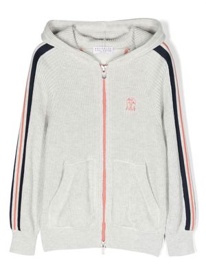 Brunello Cucinelli Kids embroidered-logo ribbed-knit hoodie - Grey