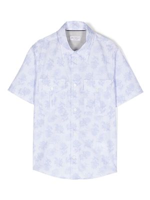 Brunello Cucinelli Kids floral-print patch-pocket shirt - Blue