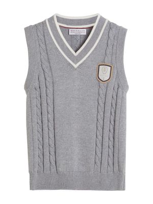 Brunello Cucinelli Kids logo-appliqué cable-knit vest - Grey