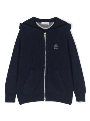 Brunello Cucinelli Kids logo-embroidered ribbed cashmere hoodie - Blue