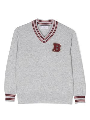 Brunello Cucinelli Kids logo-patch cashmere jumper - Grey