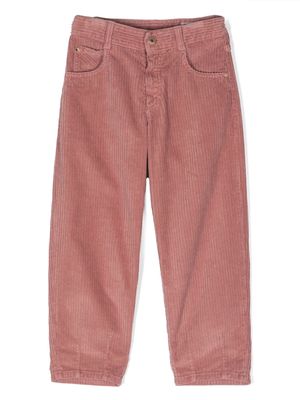Brunello Cucinelli Kids logo-patch corduroy straight-leg trousers - Pink