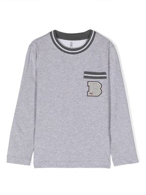 Brunello Cucinelli Kids logo-patch long-sleeve T-shirt - Grey