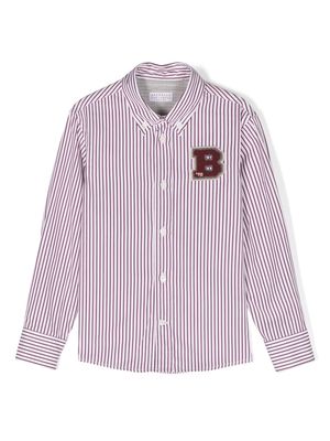 Brunello Cucinelli Kids logo-patch striped cotton shirt - White