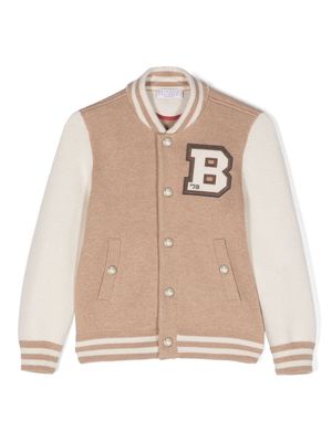 Brunello Cucinelli Kids logo-patch wool-blend bomber jacket - Neutrals