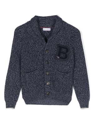 Brunello Cucinelli Kids logo-patch wool-blend cardigan - Blue