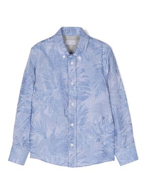 Brunello Cucinelli Kids palm tree-print cotton-linen shirt - Blue