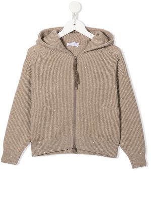 Brunello Cucinelli Kids ribbed-knit zipped hoodie - Brown