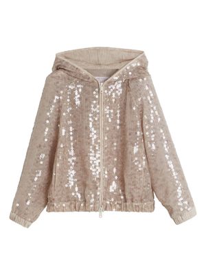 Brunello Cucinelli Kids sequin-embellished silk hoodie - Neutrals
