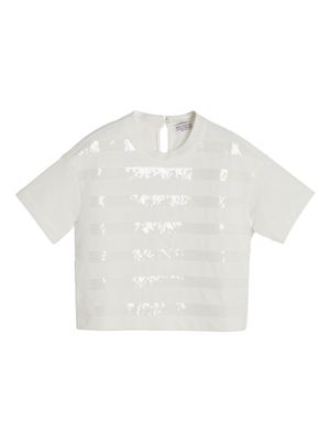 Brunello Cucinelli Kids sequin-striped cotton T-shirt - White