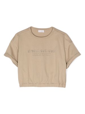 Brunello Cucinelli Kids slogan-embroidered cotton T-shirt - Neutrals