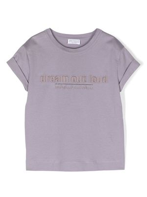 Brunello Cucinelli Kids slogan-embroidery cotton T-shirt - Purple
