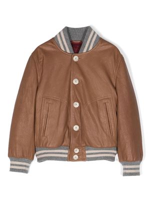 Brunello Cucinelli Kids striped-edge leather bomber jacket - Brown