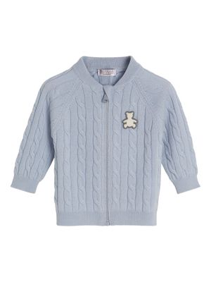 Brunello Cucinelli Kids teddy-appliqué cashmere cardigan - Blue