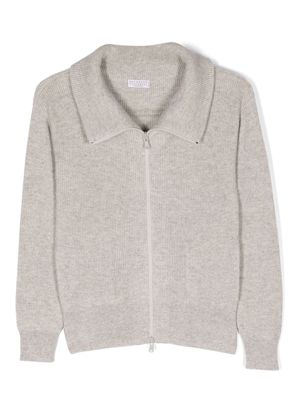 Brunello Cucinelli Kids zip-up ribbed-knit cashmere cardigan - Grey