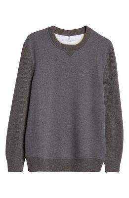 Brunello Cucinelli Knit Sleeve Cotton Crewneck Sweatshirt in Dark Grey