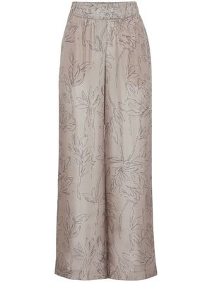 Brunello Cucinelli leaf-print silk trousers - Brown