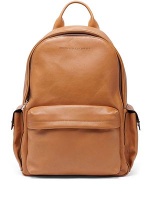 Brunello Cucinelli logo-debossed leather backpack - Neutrals