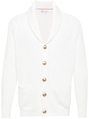 Brunello Cucinelli logo-embossed buttons ribbed-knit cardigan - White