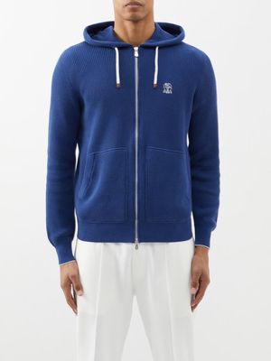 Brunello Cucinelli - Logo-embroidered Ribbed-cotton Hoodie - Mens - Blue Multi