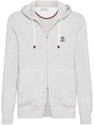 Brunello Cucinelli logo-embroidered zip-up cotton hoodie - White