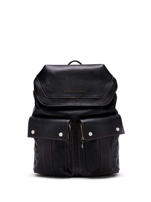 Brunello Cucinelli logo-print leather backpack - Black