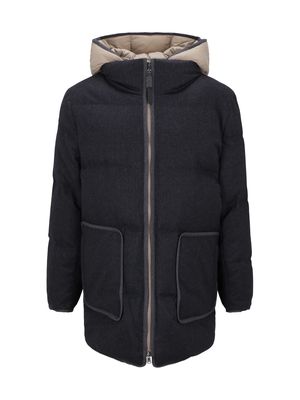 Brunello Cucinelli Long Down Jacket In Soft Wool Padded With Real Goose Down With Detachable Front With Hood.