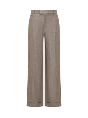 Brunello Cucinelli Loose Flared Trousers In Sparkling Twill Linen With Monile