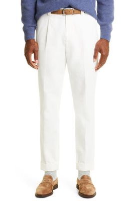 Brunello Cucinelli Men's Pleated Leisure Fit Cotton Gabardine Pants in C2200-White