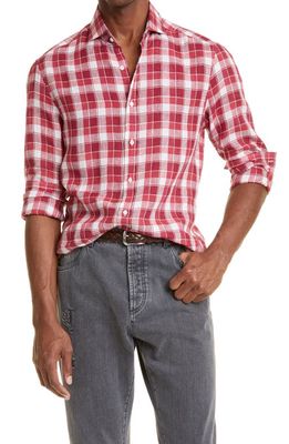 Brunello Cucinelli Men's Slim Fit Plaid Linen & Cotton Button-Up Shirt in C038-Rosso