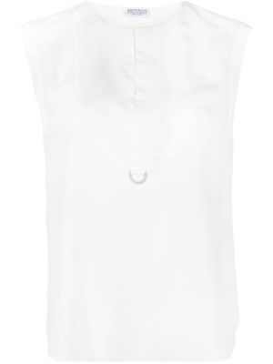 Brunello Cucinelli Monili-detail sleeveless silk blouse - White