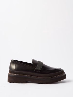 Brunello Cucinelli - Monili-embellished Leather Loafers - Womens - Black