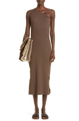 Brunello Cucinelli Monili Strap Rib One-Shoulder Dress in C8705 Dark Brown