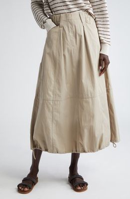 Brunello Cucinelli Monili Trim Drawstring Hem Twill Midi Skirt in Beige