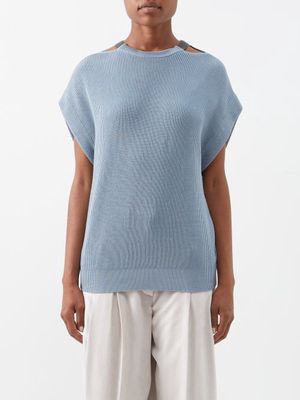 Brunello Cucinelli - Monoli-chain Ribbed Cotton-jersey Sweater - Womens - Blue
