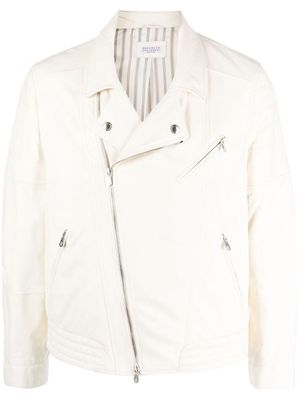 Brunello Cucinelli off-centre leather biker jacket - Neutrals