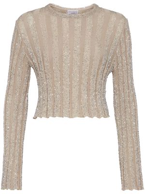 Brunello Cucinelli paillette-embellished ribbed-knit jumper - Neutrals