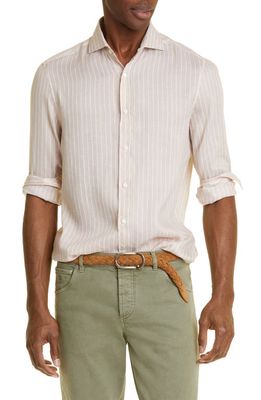 Brunello Cucinelli Pinstripe Basic Fit Linen Blend Button-Up Shirt in Brown And White